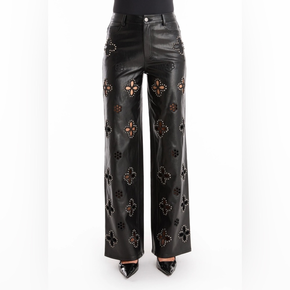 KAIA STUDDED HIGH RISE LEATHER PANT - BLACK